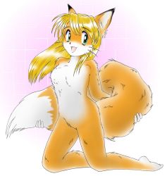  1girl animal_ears barefoot blonde_hair feet fox_ears fox_tail full_body furry furry_female green_eyes long_hair looking_at_viewer nude open_mouth pisipisi smile solo tail toes whiskers  rating:Questionable score:11 user:きつね