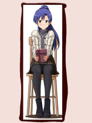  1girl blue_hair blush boots brown_eyes cardigan chair idolmaster jewelry kisaragi_chihaya lielos long_hair looking_at_viewer necklace open_cardigan open_clothes panties panties_under_pantyhose pantyhose picture_frame plaid plaid_skirt ponytail shirt simple_background skirt smile solo underwear valentine 