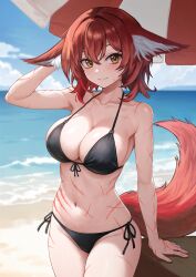  1girl absurdres animal_ear_fluff animal_ears arm_behind_head beach beach_umbrella bikini black_bikini blush breasts cleavage cloud cross_scar day hair_between_eyes highres large_breasts looking_at_viewer nito_(nshtntr) ocean orange_eyes original outdoors red_hair sand scar scar_on_arm scar_on_face scar_on_hand scar_on_leg scar_on_neck scar_on_stomach scars_all_over side-tie_bikini_bottom sky solo swimsuit tail too_many umbrella water wolf_ears wolf_girl wolf_tail 