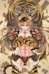 1girl abs animal_ears breasts cleavage crossed_arms highres jinko_(monster_girl_encyclopedia) long_hair monster_girl monster_girl_encyclopedia monster_girl_encyclopedia_ii muscular muscular_female navel paundo2 tail thick_thighs thighs tiger tiger_ears tiger_tail yellow_eyes rating:Sensitive score:31 user:Rikko-43
