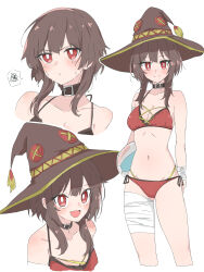  1girl :d absurdres ball bandaged_leg bandages beachball belt_collar bikini black_choker blush breasts bright_pupils brown_hair brown_hat choker collar collarbone commentary_request cropped_legs hat highleg highleg_bikini highres holding holding_ball holding_beachball kono_subarashii_sekai_ni_shukufuku_wo! looking_at_viewer megumin monmon_(monmon_k18) multiple_views navel open_mouth paid_reward_available pout red_bikini red_eyes short_hair_with_long_locks side-tie_bikini_bottom small_breasts smile speech_bubble standing swimsuit wet wet_hair white_pupils witch_hat 