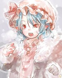  1girl bad_id bad_pixiv_id blue_hair blush dress ear_blush fangs hat hat_ribbon hutaba123 jacket lowres mob_cap open_clothes open_jacket open_mouth pink_dress pointy_ears red_eyes remilia_scarlet ribbon solo touhou upper_body 