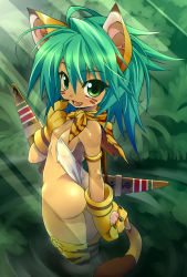 1girl animal_ears animal_hands animal_print boomerang breasts cat_ears cat_tail cham_cham facepaint fang flat_chest gloves green_eyes green_hair highres loli matching_hair/eyes paw_gloves queen&#039;s_blade queen&#039;s_gate samurai_spirits sideboob solo tail tiger_print tribal yone_(qtron) rating:Questionable score:65 user:danbooru