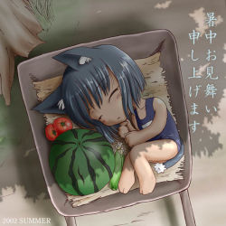 1girl 2002 animal_ears artist_request blue_one-piece_swimsuit blue_school_swimsuit box cardboard_box cat_ears character_request chibi copyright_request corn closed_eyes fetal_position food fruit in_box in_container lying name_tag on_side one-piece_swimsuit school_swimsuit shochuumimai sleeping solo source_request swimsuit tomato translated watermelon wheelbarrow rating:General score:4 user:danbooru