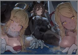  3girls :d ahoge anila_(granblue_fantasy) betabeet black_dress blonde_hair blunt_bangs breasts brown_hair cape chestnut_mouth cleavage closed_eyes draph dress fur-trimmed_cape fur_trim galleon_(granblue_fantasy) gloves granblue_fantasy horn_ornament horn_ribbon horns kumbhira_(granblue_fantasy) large_breasts light_blush looking_at_viewer lying multiple_girls on_stomach open_mouth parted_bangs pointy_ears ribbon seductive_smile sitting smile thick_eyebrows white_gloves yellow_eyes 