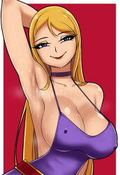  1girl arm_behind_head arm_up armpits bare_shoulders blonde_hair border breasts choker cleavage collarbone commentary covered_erect_nipples curvy dress english_commentary eyelashes highres jenet_behrn large_breasts lips lipstick long_hair looking_at_viewer makeup presenting_armpit purple_dress purple_eyes red_background saberrung shiny_skin sideboob simple_background sleeveless sleeveless_dress smile solo steam steaming_body sweat the_king_of_fighters upper_body white_border 