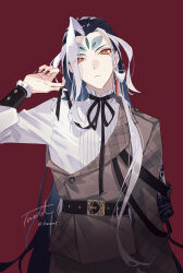  1boy alternate_costume asymmetrical_clothes belt black_hair black_nails brown_jacket eyeshadow fate/grand_order fate_(series) fingernails fomnant forehead_jewel green_eyeshadow highres jacket long_hair looking_at_viewer makeup male_focus multicolored_hair red_eyes red_eyeshadow ribbed_shirt shi_huang_di_(fate) shirt sidelocks solo two-tone_hair very_long_fingernails very_long_hair white_hair 