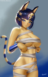 1girl animal_crossing animal_ears ankha_(animal_crossing) bandages blue_eyes blue_hair blunt_bangs bob_cut breasts cat_ears cat_girl cat_tail cleavage colored_skin easonx furry furry_female lips nintendo short_hair solo tail yellow_skin rating:Questionable score:56 user:twilight_jester
