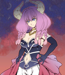  1girl absurdres aura_(sousou_no_frieren) blue_eyes braid breasts choker cleavage clothing_cutout commentary_request elbow_gloves gloves hair_between_eyes hand_on_own_hip highres hisahiko horns large_breasts multiple_braids navel navel_cutout pink_hair solo sousou_no_frieren upper_body 