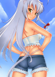 10s 1girl animal_ears ass bare_shoulders bow braid cameltoe cat_ears cat_tail cloud crop_top day dog_days from_behind gochou_(kedama) hair_bow hands_on_own_hips leonmitchelli_galette_des_rois long_hair looking_back midriff outdoors panties shorts silver_hair skindentation sky smile solo strapless tail thong tube_top underwear whale_tail_(clothing) yellow_eyes  rating:Sensitive score:60 user:danbooru