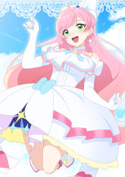  1girl absurdres ascot blue_sky boots bow braid brooch cloud cloudy_sky commentary cure_prism day doily dress elbow_gloves floating french_braid gloves green_eyes hair_bow highres hirogaru_sky!_precure jewelry knee_boots layered_dress legs_up long_hair looking_at_viewer magical_girl medium_dress nijigaoka_mashiro on_kazu open_mouth outdoors pink_hair precure side_braids sky sleeveless sleeveless_dress smile solo very_long_hair white_ascot white_bow white_dress white_footwear white_gloves wing_brooch 
