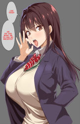 1girl breasts brown_eyes brown_hair caption character_request english_text fellatio_gesture grey_background hair_intakes hand_in_pocket hard-translated highres huge_breasts kloah large_breasts long_hair looking_at_viewer mole mole_under_eye necktie open_mouth school_uniform simple_background solo text_focus third-party_edit tongue tongue_out translated upper_body rating:Questionable score:143 user:ultrablue