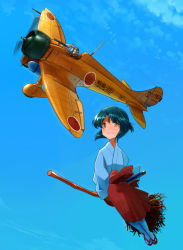  1boy 1girl a5m aircraft airplane black_hair blush broom broom_riding day flying glasses hakama hakama_skirt inui_(jt1116) japanese_clothes looking_at_another looking_at_viewer machinery miko motion_blur motor_vehicle open_mouth original outdoors pilot propeller red_hakama riding short_hair sidesaddle skirt sky vehicle vehicle_focus witch  rating:Sensitive score:3 user:danbooru