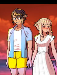  1boy 1girl alfonse_(fire_emblem) beach blue_eyes blue_hair dress fire_emblem fire_emblem_heroes grey_hair highres holding_hands mnejing30 nintendo official_alternate_hairstyle red_eyes short_hair sidelocks sunset tagme veronica_(fire_emblem) white_dress  rating:General score:7 user:generic_cleric