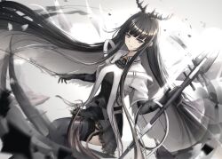  1girl absurdly_long_hair antenna_hair arknights ascot backlighting belt belt_buckle black_ascot black_belt black_garter_straps black_gloves black_hair black_halo black_skirt black_thighhighs bloom blunt_bangs blurry blurry_background blurry_foreground bow_(music) breasts bright_pupils broken_halo buckle bustier buttons cello closed_mouth collared_jacket colored_inner_hair commentary dark_halo day depth_of_field feet_out_of_frame floating floating_hair from_side garter_straps gloves grey_eyes grey_hair grey_shirt grey_sky halo hands_up highres hime_cut holding holding_bow_(music) holding_instrument instrument jacket knees lace lace-trimmed_skirt lace_trim layered_clothes layered_sleeves light_particles light_rays long_hair long_sleeves looking_at_viewer looking_to_the_side medium_breasts miniskirt mole mole_under_eye multicolored_hair outdoors pleated_skirt poni_(poni_arknights) shirt short-sleeved_jacket short_over_long_sleeves short_sleeves sidelocks skirt sky smile solo straight_hair strap sunbeam sunlight thighhighs thighs two-tone_hair untucked_shirt very_long_hair virtuosa_(arknights) white_jacket white_pupils wide_sleeves wing_collar zettai_ryouiki 