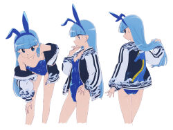  1girl adjusting_hair animal_ears ass bare_shoulders blue_hair blue_leotard blunt_bangs breasts character_request copyright_request cropped_legs expressionless fake_animal_ears highres himokawa_udon jacket leaning_forward leotard long_hair multiple_views off_shoulder open_clothes open_jacket playboy_bunny profile rabbit_ears simple_background sketch small_breasts sukajan thigh_gap white_background  rating:Sensitive score:9 user:danbooru