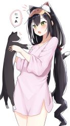 1girl animal animal_ear_fluff animal_ears black_hair blush cat cat_ears cat_girl cat_tail collarbone drill_hair fang flat_chest from_side hair_between_eyes hands_up highres holding holding_animal holding_cat karyl_(princess_connect!) long_hair long_sleeves no_pants open_mouth pajamas piyomi princess_connect! sidelocks sleep_mask solo speech_bubble standing tail thighs white_background white_pajamas wide_sleeves yellow_eyes rating:Sensitive score:20 user:danbooru
