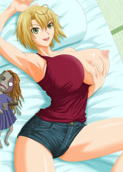  10s 1girl ahoge arched_back armpits bed blonde_hair breast_hold breast_slip breasts_squeezed_together breasts creepy denim denim_shorts doll covered_erect_nipples from_above huge_breasts indoors lying naughty_face nipples no_bra on_back one_breast_out open_mouth sankarea saouji_ranko short_hair short_shorts shorts smile solo thighs undressing  rating:Explicit score:99 user:goldoa