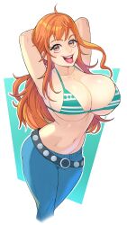 1girl absurdres arms_up bikini bikini_top_only breasts brown_eyes cleavage curvy denim greenmarine happy highres large_breasts looking_at_viewer nami_(one_piece) navel one_piece open_mouth orange_hair shiny_skin shoulder_tattoo simple_background smile solo swimsuit tattoo teeth tongue wide_hips