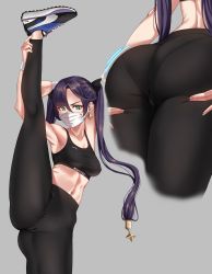 1girl absurdres armpits ass ass_focus ass_support bare_shoulders black_hair breasts cameltoe cleft_of_venus collarbone earrings flexible genshin_impact green_eyes grey_background hair_between_eyes highres huge_ass jewelry legs long_hair looking_at_viewer medium_breasts midriff mona_(genshin_impact) motion_lines pants pantylines puma_(brand) ryudraw shoes simple_background sneakers solo split sports_bra standing standing_on_one_leg standing_split stomach thighs twintails very_long_hair yoga_pants rating:Questionable score:121 user:JustHere4Butts
