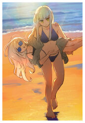 2girls :d bare_shoulders barefoot beach bikini blue_bikini blue_hair breasts carrying carrying_person clenched_teeth facial_mark g11_(girls&#039;_frontline) girls&#039;_frontline green_eyes highres hk416_(girls&#039;_frontline) long_hair medium_breasts multiple_girls mush ocean open_mouth outdoors smile sunset swimsuit teeth white_hair