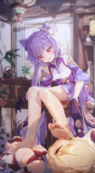 2girls absurdres bare_legs barefoot bdsm blonde_hair bondage bound breasts choker closed_eyes commentary_request detached_sleeves dress feet femdom foot_focus foot_on_another&#039;s_face genshin_impact gloves highres holding holding_shoes icecake indoors keqing_(genshin_impact) long_hair long_sleeves looking_at_another lumine_(genshin_impact) lying medium_breasts multiple_girls neck_tassel on_back on_chair parted_lips pink_eyes plant potted_plant purple_choker purple_dress purple_gloves purple_hair shibari shoes unworn_shoes sitting smile soles table tea_set toes twintails rating:Questionable score:212 user:danbooru