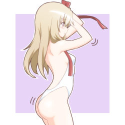  1girl ass atair bare_arms bare_shoulders bb_(fate) bb_(fate)_(cosplay) bb_(fate/extra) blush breasts clothing_request commentary_request cosplay fate/kaleid_liner_prisma_illya fate_(series) from_side frown highleg illyasviel_von_einzbern leotard long_hair outside_border pink_background purple_background red_eyes red_ribbon ribbon simple_background small_breasts solo standing two-tone_background wedgie white_background  rating:Questionable score:19 user:danbooru