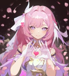  1girl absurdres blush breasts closed_mouth elysia_(herrscher_of_human:ego)_(honkai_impact) elysia_(honkai_impact) gloves heart heart_hands highres honkai_(series) honkai_impact_3rd large_breasts long_hair looking_at_viewer petals pink_hair smile solo sooner upper_body white_gloves white_headwear  rating:General score:2 user:danbooru