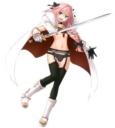  1boy absurdres androgynous astolfo_(fate) black_thighhighs boots bow braid bulge cape crossdressing fang fate/apocrypha fate/grand_order fate_(series) garter_belt garter_straps gauntlets hair_bow hair_ornament hair_ribbon highres konoe_ototsugu lingerie long_hair male_focus nipples nude_filter open_mouth panties pink_eyes pink_hair purple_eyes ribbon simple_background single_braid solo striped_clothes striped_panties sword thighhighs third-party_edit trap underwear weapon white_background  rating:Questionable score:39 user:laikakitjj