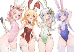  4girls absurdres animal_ears armpits blonde_hair blue_eyes blue_hair bracelet braid braided_ponytail breasts cat_ears cat_tail clothing_cutout diona_(genshin_impact) feather_hair_ornament finger_frame genshin_impact gloves green_eyes grey_hair hair_ornament highres jewelry klee_(genshin_impact) leaf_hair_ornament leotard looking_at_viewer miaosu multiple_girls nahida_(genshin_impact) navel navel_cutout orange_eyes pink_hair playboy_bunny pointing pointing_at_viewer pointy_ears ponytail purple_eyes purple_hair qiqi_(genshin_impact) rabbit_ears silver_hair skindentation small_breasts tail tassel thigh_gap thighhighs wide_hips wrist_cuffs  rating:Sensitive score:357 user:Nes370