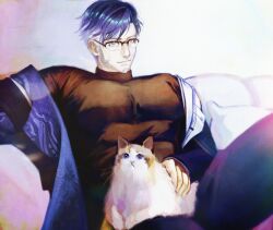  absurdres animal animal_on_lap bara beard blue_hair cat cat_on_lap coat facial_hair glasses highres looking_at_viewer louise_an mature_male on_lap open_clothes open_coat pectorals tagme turtleneck wuthering_waves yuanwu_(wuthering_waves) 