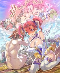  1girl 4boys :d ? aftersex areola_slip ass back bandana bare_shoulders bell belt between_legs blush boxers bracelet breasts breasts_out breath brown_hair clothes_pull cloud colored_skin covering_privates covering_breasts cross-laced_clothes day divine_bustier_(dq) dragon_quest dragon_quest_viii druid_(dragon_quest) earrings elbow_gloves embarrassed eye_contact fang garter_straps gloves green_skin grey_hair hair_ribbon halterneck hand_between_legs hand_on_own_head hero_(dq8) high_heels highleg highleg_leotard highres horse hypnosis instrument jessica_albert jewelry jingle_bell kukuru_(dq8) large_breasts leotard long_hair looking_at_another looking_down low_ponytail magic male_underwear maracas mimonel mind_control mini_wings mountain multiple_boys muscular nipple_slip nipples nude on_ground open_mouth outdoors pants pants_pull pleated_skirt pointy_ears ponytail pussy_juice rattle red_eyes red_hair ribbon shoes sitting skirt sky slime_(dragon_quest) smile sparkle square_enix sweat tambourine thigh_strap thighhighs toned translated trode twintails underwear wagon wariza wet white_gloves white_hair white_thighhighs white_wings wings yangus 