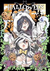  2girls bandaged_head bandages black_border black_gloves border bow bowtie breasts claw_pose danua doll ghost gloves granblue_fantasy hair_over_one_eye halloween hands_up highres hooded_robe horns jack-o&#039;-lantern large_breasts lich_(granblue_fantasy) looking_at_viewer mika_(gbf) multiple_girls open_mouth pointy_ears purple_eyes red_eyes robe shaded_face single_glove sleeves_past_fingers sleeves_past_wrists smile white_robe 