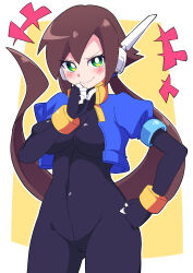  1girl absurdres aile_(mega_man_zx) black_bodysuit blush bodysuit bottomless breasts brown_hair buzzlyears cropped_jacket green_eyes hand_on_own_chin highres jacket large_breasts long_hair looking_at_viewer mega_man_(series) mega_man_zx mega_man_zx_advent open_clothes open_jacket open_mouth ponytail robot_ears simple_background solo  rating:Sensitive score:5 user:danbooru