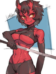 1girl bare_shoulders bike_shorts black_gloves breasts brown_hair closed_mouth colored_skin cowboy_shot elbow_gloves fang fang_out gloves holding holding_sword holding_weapon horns katana large_breasts navel oni_horns original red_oni_(zakusi) red_skin short_hair signature smile smug solo sword toned underboob weapon yellow_eyes zakusi rating:Sensitive score:16 user:danbooru