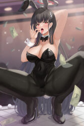  1girl absurdres animal_ears arikawa_rui arm_behind_head armpits black_footwear black_hair black_leotard black_pantyhose blue_archive blush breasts cleavage detached_collar fake_animal_ears fingernails floor hair_ornament hairpin halo high_heels highres large_breasts leotard long_hair money nail_polish open_mouth pantyhose rabbit_ears red_eyes red_nails rio_(blue_archive) solo squatting strapless strapless_leotard wrist_cuffs 