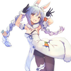  1girl animal_ear_fluff animal_ears black_gloves black_leotard black_pantyhose blue_hair bow braid breasts bridal_garter carrot_hair_ornament cleavage commentary_request cowboy_shot don-chan_(usada_pekora) dress food-themed_hair_ornament fur-trimmed_dress fur-trimmed_gloves fur_trim gloves hair_bow hair_ornament highres hololive leotard leotard_under_clothes multicolored_hair open_mouth pantyhose rabbit_ears rabbit_girl rabbit_tail shingo_(missing_link) simple_background small_breasts smile solo standing streaked_hair symbol-shaped_pupils teeth thick_eyebrows thigh_gap twin_braids twintails upper_teeth_only usada_pekora usada_pekora_(1st_costume) virtual_youtuber white_background white_bow white_dress white_hair yellow_eyes 