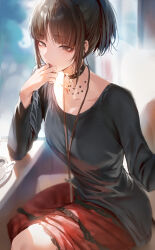  1girl absurdres black_eyes black_hair blush choker highres jewelry looking_at_viewer mikasa_ackerman necklace parted_lips rororo shingeki_no_kyojin short_hair sitting solo  rating:General score:6 user:danbooru