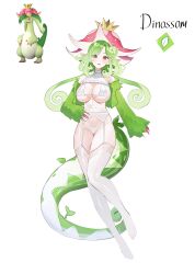  1girl absurdres bare_shoulders bra breasts character_name cleavage creature_and_personification cropped_jacket curly_hair dinosaur_tail dinossom flower_hat full_body garter_belt garter_straps green_hair green_jacket highleg highleg_panties highres jacket large_breasts long_hair long_pointy_ears long_sleeves micro_bra open_clothes open_jacket open_mouth palworld panties personification pink_nails pointy_ears red_eyes reference_inset reiko_lape simple_background sleeves_past_wrists solo tail thighhighs thighs underboob underwear very_long_fingernails white_background white_bra white_panties white_thighhighs  rating:Sensitive score:28 user:danbooru