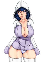  1girl blue_hair breasts cleavage female_focus hyuuga_hinata large_breasts naruto naruto_(series) panties simple_background smile solo thighhighs underwear unzipped white_background white_panties  rating:Questionable score:87 user:widdlewade