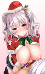 10s 1girl bar_censor blue_eyes blush bow breasts capelet censored christmas cleavage_cutout clothing_cutout hanging_breasts hat highres kantai_collection kashima_(kancolle) large_breasts long_hair looking_at_viewer male_pubic_hair md5_mismatch nipples nironiro no_bra paizuri penis perpendicular_paizuri pink_background pubic_hair santa_costume santa_hat silver_hair skirt smile solo twintails rating:Explicit score:63 user:danbooru