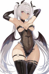  1girl armpits arms_behind_head arms_up black_choker black_leotard black_thighhighs black_wings blush choker closed_mouth collarbone covered_navel elbow_gloves gloves gluteal_fold grey_hair hair_intakes hakaba_(dairiseki) heart_o-ring highres horns leotard long_hair looking_at_viewer purple_eyes simple_background skindentation smile solo strapless strapless_leotard tama_project thigh_gap thighhighs twintails very_long_hair virtual_youtuber weiss_anne white_background wings 