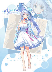  1girl :d ayaka_(genshin_impact) bare_legs blue_eyes blue_hair blue_jacket breasts cleavage dress full_body genshin_impact gou_lianlian_dogface hat highres jacket long_braid long_hair looking_at_viewer open_clothes open_jacket open_mouth sandals smile standing very_long_hair white_dress zoom_layer 