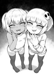  2girls black_background black_thighhighs blunt_bangs blush fangs flat_chest from_above full_body gi0 gradient_background greyscale loli long_sleeves looking_at_viewer monochrome multiple_girls open_mouth original sharp_teeth short_hair short_twintails shorts smile smug standing sweater tan tank_top teeth thick_eyebrows thighhighs twintails upper_teeth_only white_background  rating:Sensitive score:1 user:DarkToonLink