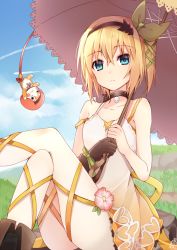 10s 1girl bad_id bad_nicoseiga_id black_neckwear blonde_hair blue_eyes blue_sky choker collarbone commentary_request day edna_(tales) gloves hair_ribbon hairband leg_ribbon crossed_legs looking_at_viewer outdoors ribbon short_hair side_ponytail single_glove sitting sky solo sxupxdxxy tales_of_(series) tales_of_zestiria tress_ribbon umbrella rating:Sensitive score:6 user:danbooru