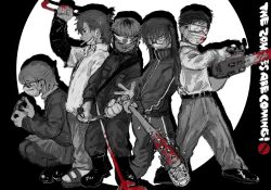  1girl 4boys belt black_belt black_footwear black_jacket blood bloody_weapon chainsaw fishnets glasses goggles grey_hair grey_pants greyscale highres holding holding_chainsaw jacket mask mettaflix monochrome mouth_mask multiple_boys original pants partially_colored squatting standing twintails weapon white_footwear 