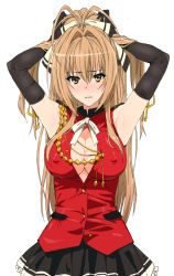 10s 1girl adjusting_hair amagi_brilliant_park antenna_hair armpits blush breasts brown_eyes brown_hair center_opening cleavage cleavage_cutout clothing_cutout covered_erect_nipples elbow_gloves gloves ishii_takamori large_breasts long_hair open_clothes open_shirt ponytail sento_isuzu shirt simple_background skirt sleeveless solo white_background rating:Questionable score:45 user:danbooru