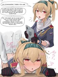  1boy 1girl absurdres blonde_hair blush clothed_sex english_text gamryous girls&#039;_frontline heart heart-shaped_pupils hetero high_ponytail highres instant_loss pussy_juice red_eyes sex sidelocks solo_focus sv-98_(girls&#039;_frontline) symbol-shaped_pupils  rating:Explicit score:17 user:danbooru