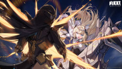  2girls absurdres artist_request black_hair black_pantyhose blonde_hair blue_hair charging_forward commentary cropped crown_(nikke) dress english_commentary frown goddess_of_victory:_nikke gun highres horseback_riding indivilia_(nikke) long_hair long_sleeves looking_at_another machine_gun multiple_girls non-humanoid_robot official_art open_mouth pantyhose riding robot robot_animal second-party_source standing tail trombe_(nikke) watermark weapon white_dress 