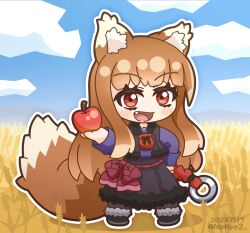 1girl 2023 :d animal_ear_fluff animal_ears apple bad_tag black_skirt black_vest blue_shirt blunt_bangs blush_stickers bow brown_hair chibi colored_eyelashes commentary_request dated day food fruit fur-trimmed_skirt fur-trimmed_vest fur_trim hand_on_own_hip hand_up happy holding holding_food holding_fruit holo long_hair long_sleeves looking_at_viewer open_clothes open_mouth open_vest outdoors red_apple red_bow red_eyes shirt sidelocks skirt smile solo spice_and_wolf standing tail twitter_username vest wheat_field wolf_ears wolf_girl wolf_tail